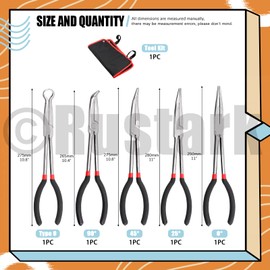 Rustark 5Pcs 11 inch Long Needle Nose Pliers Set Automotive Heavy Duty Long Reach Hose Pliers - Straight, 25, 45, 90 Degree Angle, Circle for Easy Removing and Installing Spring Clips Lines Hoses