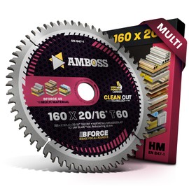 AMBOSS WERKZEUGE HM Circular Saw Blade, 160 x 20/16, Z60, Flat Teeth with Interchangeable Chamfer for Multi-Fine Cut, 160 mm, Reducing Ring 16/20 mm, for Bosch PKS 55 A, Metabo KS 55, Scheppach