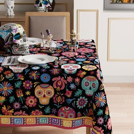 XCHI Colorful Sugar Skull Marigolds Flowers Dia De Los Muertos Tablecloth Rectangle Washable Day of The Dead Mexican Table Covers for Indoor Outdoor Dining Home Party Decorations 60x84 Inch