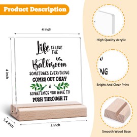 Funny Bathroom Signs Funny Sarcastic Bathroom Toilet Clear Desk Decorative Inspirational Quotes Gift for Women friend Farmhouse Rustic Decorations Acrylic Sign With Wooden Stand for Desk Table Shelf
