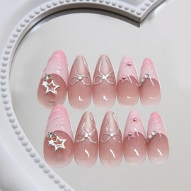 Bow Press on Nails Medium Almond Fake Nails with 3D Water Ripple Design Stick on Nails Star Rhinestone Glue on Nails Cute Charms False Nails Full Cover Summer Acrylic Nails for Women Manicure 24Pcs