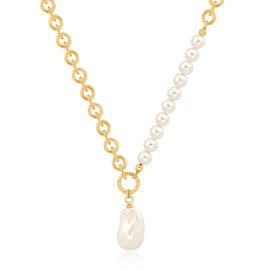 Aobei Pearl Large Baroque Pearl Pendant Necklace, 18K Gold Chunky Oval Chain Necklace with a Round Pearls Bar, Adjustable Layered Jewelry for Women
