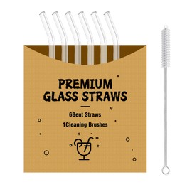DAMCONME Glass Straws 6 Pack, Reusable Clear Drinking Straws, 6 Bent Straws, with 1 Cleaning Brushes, Reusable Glass Straw for Glass Cups, Iced Coffee Cups with Lids,Smoothie Cup