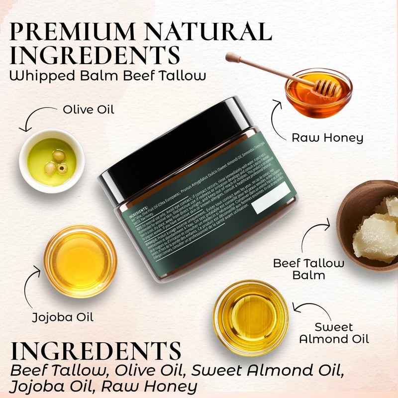 Whipped Beef Tallow Moisturizer: Grass-Fed Tallow Face Balm with Honey,