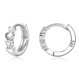 Double Love Heart Silver Huggie Hoop Earrings for Women Cubic Zirconia 925 Sterling Silver Cute Sleeper Earrings