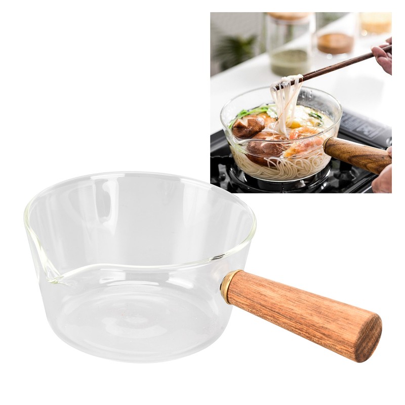 Glass Milk Pot with Wooden Handle V Shaped Spout Noodles
