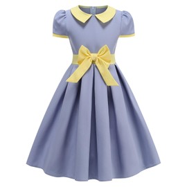 Kids 1950s Vintage Dresses for Girls 50s Outfits Doll Collar Bowknot Audrey Hepburn Rockabilly Cocktail Party Swing Dress Short Sleeve Pleated Retro 50's Style Tea Party Church Clothes Blue 9-10 Years
