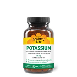 Country Life Potassium 99 mg Tablets - Chelated for Enhanced Absorption, Supports Neuromuscular Function & Electrolyte Balance, Certified Gluten Free, Vegan, Kosher, 250 Tablets