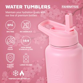 FAHRMOSIS 32 OZ Water Bottle with Straw | Insulated Water Bottle Water Jug Includes 3 Lids Water Bottles | Stainless Steel Water Bottle for Men & Women - Pink