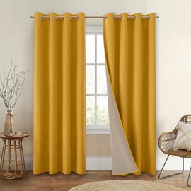 HOMEIDEAS Mustard Yellow 100% Blackout Curtains 2 Panels Linen Room Darkening Curtains 52 X 84 Inches Thermal Insulated Grommet Window Drapes with Liner for Living Room, Bedroom, Nursery
