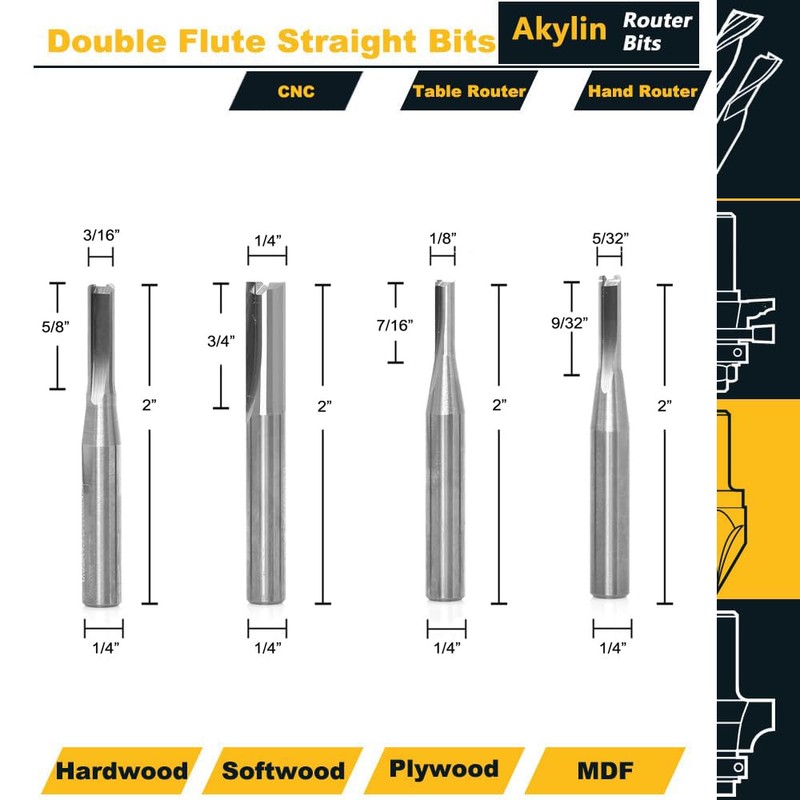 4pcs Straight Router Bits Set 1/4" Shank, Solid Carbide TCT