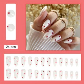 Valentine's Day Press On Nails Medium White Almond Fake Nails, Love Heart Acrylic Full Cover False Nails Set, Natural Perfectly Reusable Stick On Nails Suitable for Women Girls