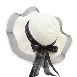 Chrome Crane CB425 Straw Hat, Ruffle, Satin, Ribbon, Flower, See-through, Sun Shade, UV Protection, Summer, Women's, white, Free size