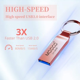 Metal USB 3.0 128GB Flash Drive Bulk Waterproof Thumb Drive Jump Drive Pen Drive Memory Stick Keyring,Silvery. (128GB, Rose gold USB3.0)