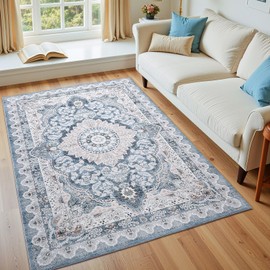 Macgace 3x5 Area Rug for Bedroom, Machine Washable Rugs with Non-Slip Backing for Living Room, Soft Vintage Carpet Kitchen Laundry Kids Room Decor, Blue & Beige