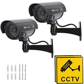TIMESETL TIMESETL 2Pack Dummy Camera Waterproof Bullet Shape Black Fake Security Camera with Red Flashing LED + Yellow CCTV Signs, Wireless Wall Mount Plugs + Screws