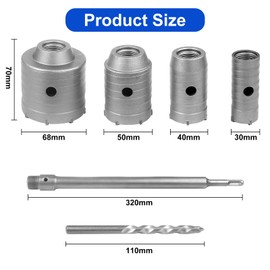 MAXAZTEX Dry Core Drill Bit Set for Concrete 6 Pieces – 30/40/50/68mm Alloy Hole Saws with 320mm Round Shank & SDS-Plus Adapter – for Brick, Masonry, Cement, Stone, Tile, and AC Installation