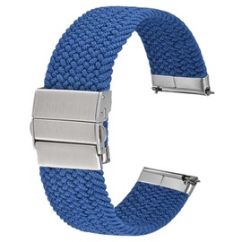 Anbeer Braided Nylon Watch Band Quick Release,22mm Stretchy Replacement Watch Strap,Blue with Silver Double Push Button Folding Clasp