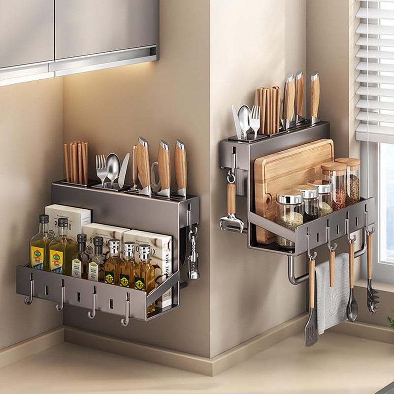 Multifunctional Wall-Mounted Knife Holder Kitchen Utensils Holder Spice Storage Organizer