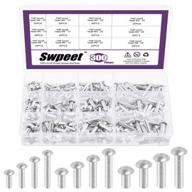 Swpeet 300 Pack M4 M5 M6 × 10mm 14mm 20mm 25mm Solid Aluminum Brazier Head Rivets, Aluminum Rivet, Plain Finish, Universal Head, High Corrosion Resistance for Repairing Boats, Aircraft, Making Armor