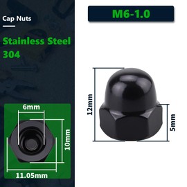 RoyceMart M6-1.0 (50 Pack) Stainless Steel Cap Nuts, Metric Acorn Cap Head Nuts, Stainless Steel 304 (18-8), UNC Coarse Thread, Black Coated