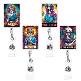Cheerupp 4 Pcs Tarot Card Glitter Badge Reel with Swivel Alligator Clip and Retractable Cord, Funny Skeleton Acrylic ID Tag Card Holder Clip Accessories for Nurse, Glittering Decor for Hospital Work