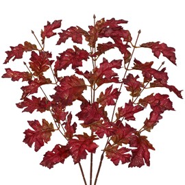 3Pcs Artificial Oak Leaves Branches Fake Fall Leaves Stems Plants Shiny Faux Oak Leaf Bushes Shrubs for Home Kitchen Decor Autumn Thanksgiving Fireplace Festival Party Decorations Red