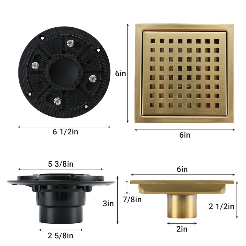 TRJIKAG 6 Inch Square Shower Floor Drain, Stainless Steel Black