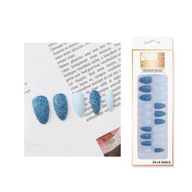 BABALAL Glitter Press on Nails Medium Almond Fake Nails Blue Spring Glue on Nails Stiletto Shiny Acrylic Nails 24Pcs Manicure False Nails for Women and Girls
