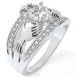 Luyona Claddagh Ring for Women 925 Sterling Silver Irish Claddagh Engagement Anniversary Wedding Promise Ring with Birthstone/Natural Moss Agate, Free Engraving, Size 9, Moissanite