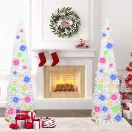 MACTING 2PCS White Pop up Christmas Tree with Lights 5FT Easy-Assembly Tinsel Coastal Glittery Artificial Collapsible Tree for Indoor Outdoor Apartment Corner Holiday Party Winter Xmas Decorations