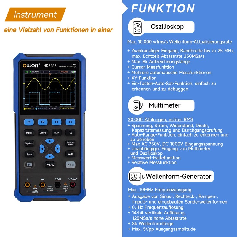 OWON Handheld Oscilloscope, Digital Multi Functional Oscilloscope Multimeters,20000 Counts Portable