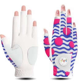 Golf Gloves Women Left Handed Half Finger Leather with Bling Ball Marker Value Pack Colored Glove for Right Hand All Weather Grip (Half-Blue&Pink, Small, Right)