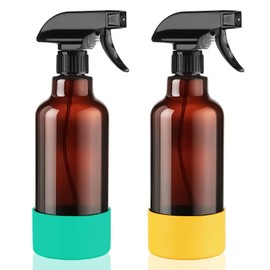 Hethyo Glass Spray Bottles with Silicone Sleeve 16.9oz 2 Pack Empty Spray Bottle for Hair Mist/Stream Spraying for Cleaning Solutions, Plants, Essential Oils (Brown-green&yellow)
