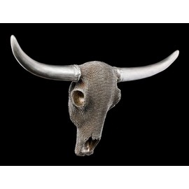 Figuren Shop GmbH Wall Relief Buffalo Skull Decorated with Silver Nubs 46.5 cm Trophy Head Cow Longhorn Horns Bull