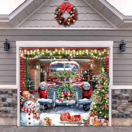Christmas Garage Door Banner Cover Decorations,7 x 8 Ft Red Truck Christmas Snowman Tree Holiday Garage Door Outdoor Backdrop for Xmas Holiday Winter New Year Party Supplies