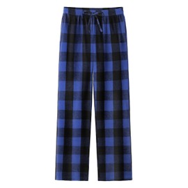 IHU Pajama Pants for Boys Girls, Thick Flannel Kids Plaid Pajamas Lounge Pj Bottoms with Drawstring Pockets for Sleepwear Black and Blue Buffalo Plaid,12-14 Years