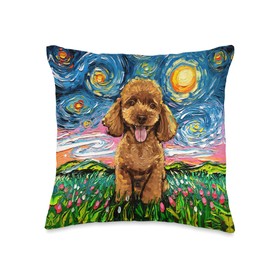 Apricot Poodle Starry Night Cute Puppy Dog Art by Aja Throw Pillow
