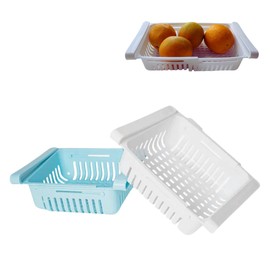 Organizador de Refrigerador, Incluye 2 Contenedores Multiuso, color blanco y azul. Las Canastas Organizadoras de Plastico son Expansibles, se Adaptan a Cualquier Refrigerador, Estante o Cajones.