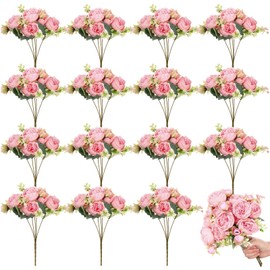 Crowye 16 Bundles Pink Fake Flowers Artificial Peonies Realistic Faux Flowers Wedding Bouquet Fake Silk Peony for Table Centerpieces Wedding Decoration Bridal Floral Arrangement(Light Pink)
