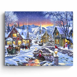Christmas Wall Art Canvas Pictures - Snow-Covered Village Winter Scene | Holiday Lights and Carolers Print for Bedroom, Living Room Decor | 11x14 inch