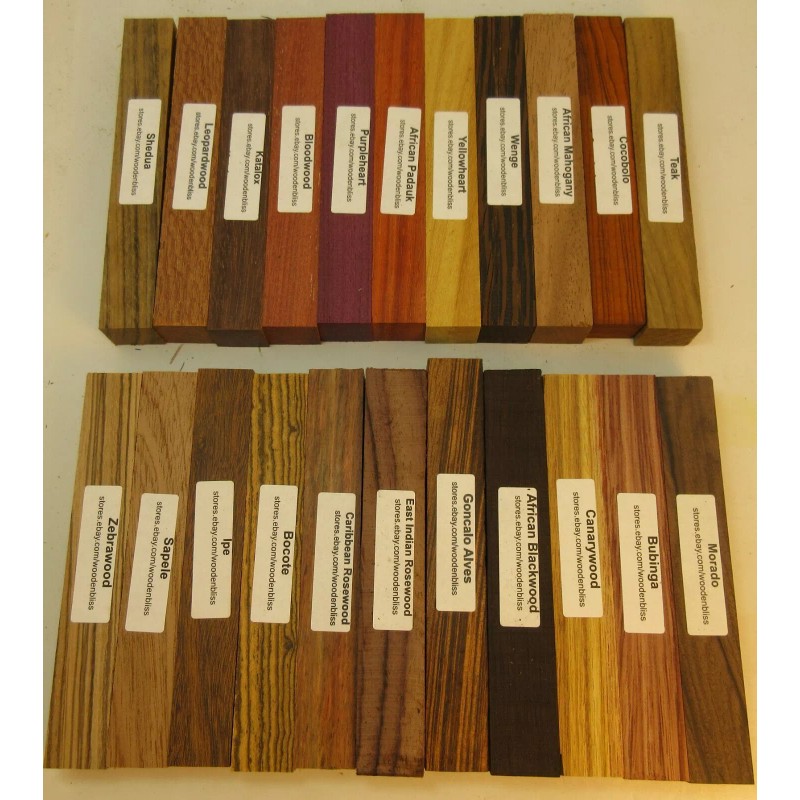 22 Different Exotic Wood Pen Blanks ¾”x5” Cocobolo, Zebrawood, Bocote