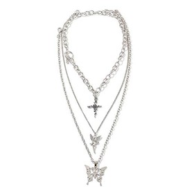 Dainty Unique Punk Layering Chain Choker Necklace Boho Jewelry Set Layered Butterfly Cross Pendant Statement Chunky Chain Necklace Festival Statement Necklace for Women Men