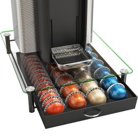 DecoBrothers Crystal Tempered Glass Vertuo Pod Holder Drawer, 28 Large or 56 Small Nespresso Capsule Organizer, Black
