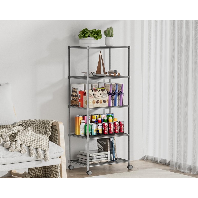 OVICAR Storage Shelf with Wheels - Adjustable 5 Tiers Mesh