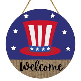 Patriotic Decorations 4th of July Wreaths for Front Door Red White and Blue Decorations American Hat Wooden Welcome Sign Door Decor for Fourth of July Memorial Day Porch Wall Indoor Home Decor