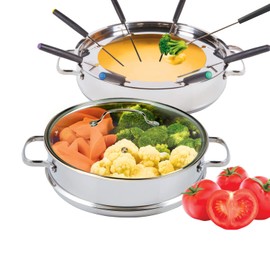Nuwave Design-18/8 Stainless Steel Cookware,Free of PTFE PFOA PFOS,Fondue Pot Set,Works On All Cooktops and Induction Cooker,Include Pot,Steamer Basket,Glass Lid and 8 Fondue Forks,10 -Yeär Wärranty, 3.5Qt Pot, Silver