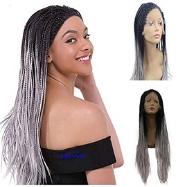 sylvia Long Micro Braided Ombre Lace Front Wig 24inch Black to Grey Braids Synthetic Hair Wigs Free Parting 260% Density Half Hand Tied Wig Braiding Heat Resistant Hair Replacement for Black Women