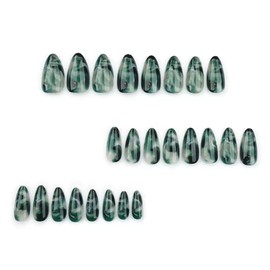Green Press on Nails Medium Almond Fake Nails Ombre False Nails with Marble Stripes Design Glue on Nails Glossy Full Cover Stick on Nails Reusable Acrylic Nails for Women 24Pcs