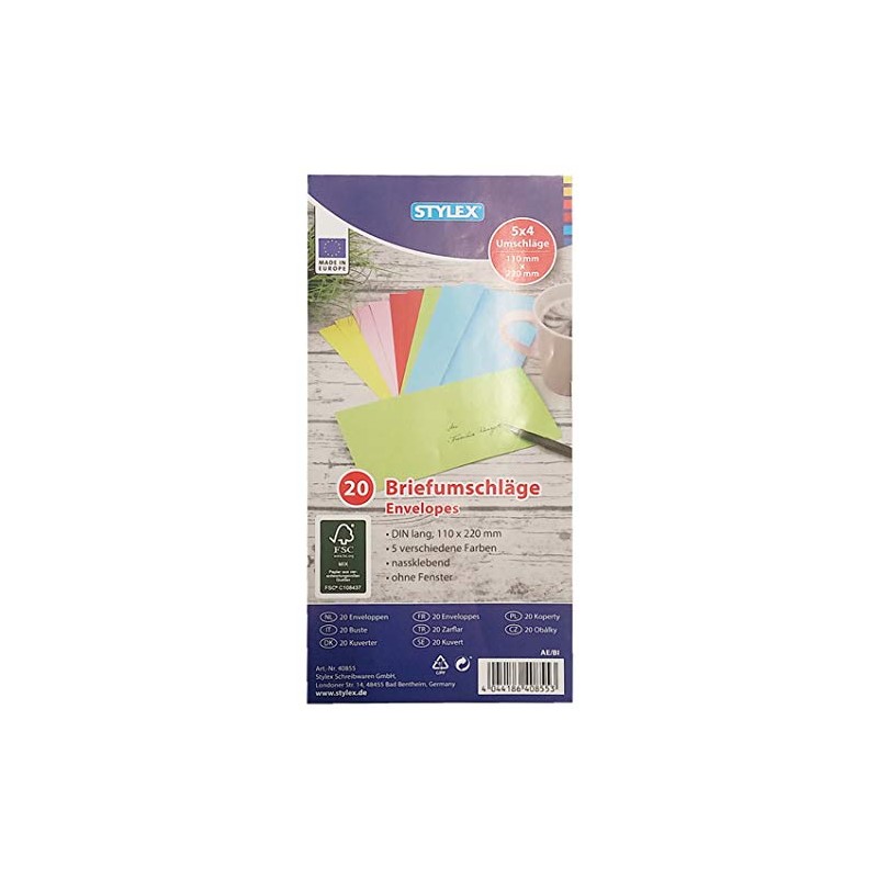 Coloured Envelopes DIN Long Envelopes (Pack of 5 x 20)
